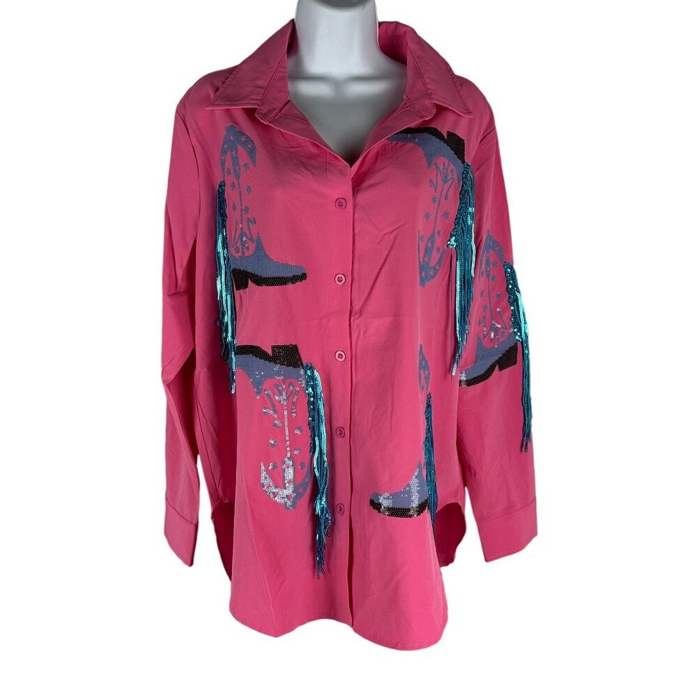 Blue B. Collection Hot Pink Sequin Cowboy Boot Print Button-Down Shirt Size M